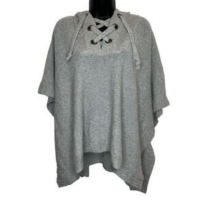 Francesca's Alya Poncho Sweater Hoodie Shawl Gray Lace Up front size SM/Med